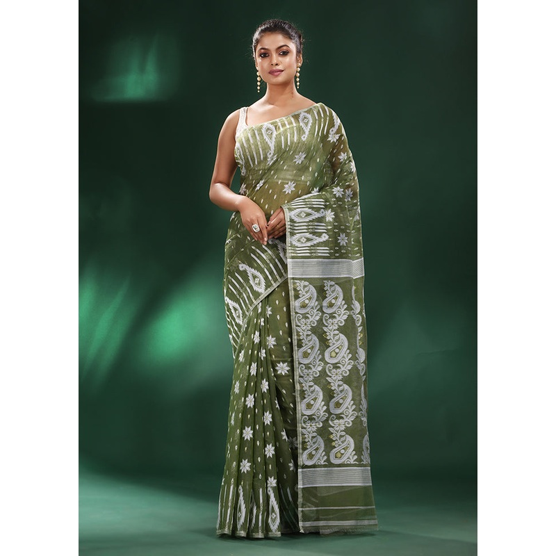 Green Cotton Saree With Blouse Piece - JD986587511