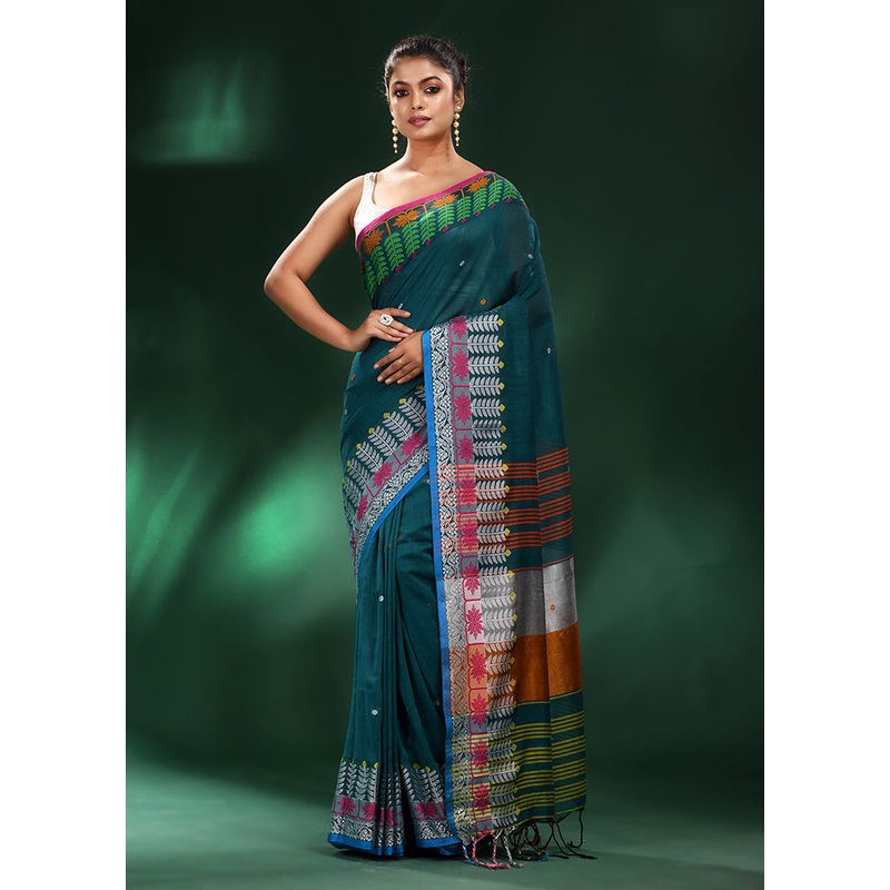Green Cotton Saree With Blouse Piece - JD986587512