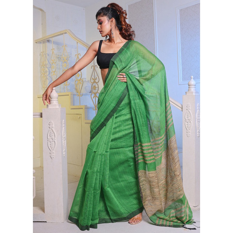 Green Cotton Saree With Blouse Piece - JD986587514