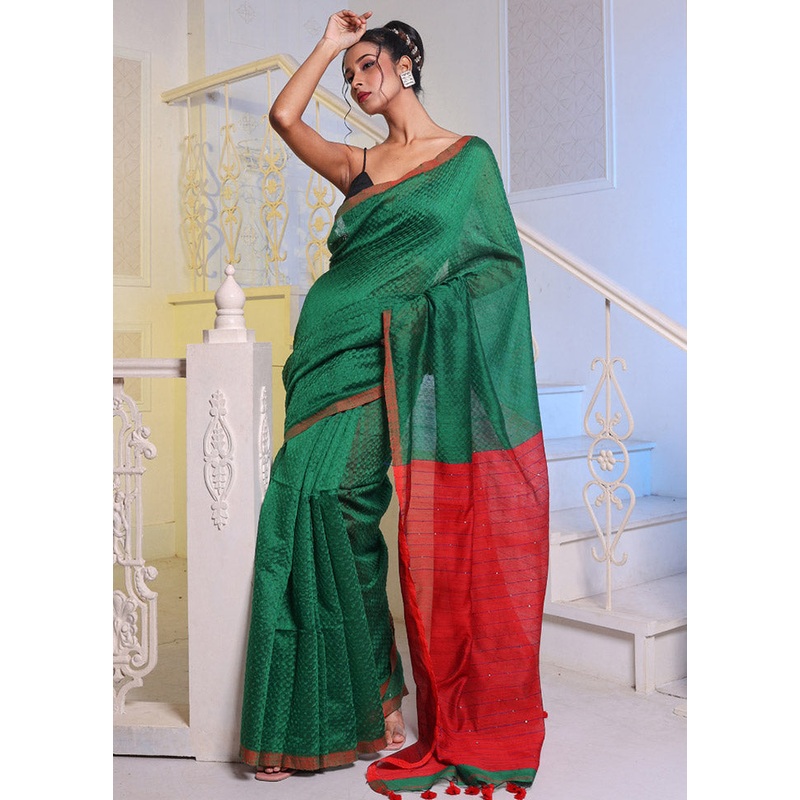 Green Cotton Saree With Blouse Piece - JD986587516