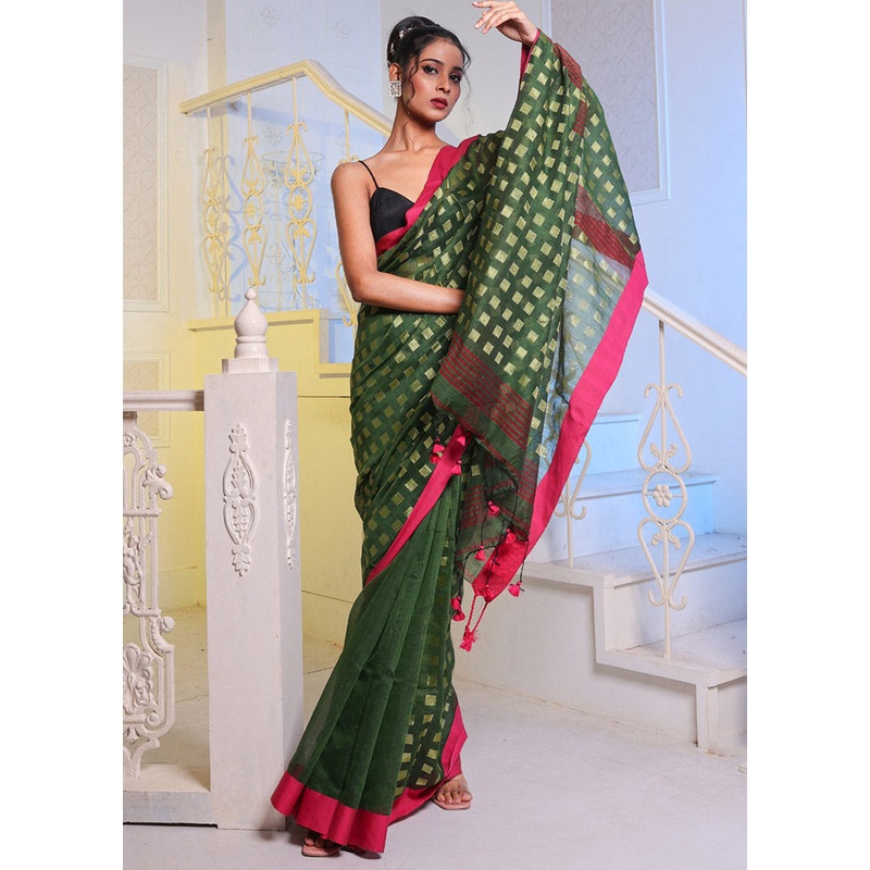 Green Cotton Saree With Blouse Piece - JD986587517