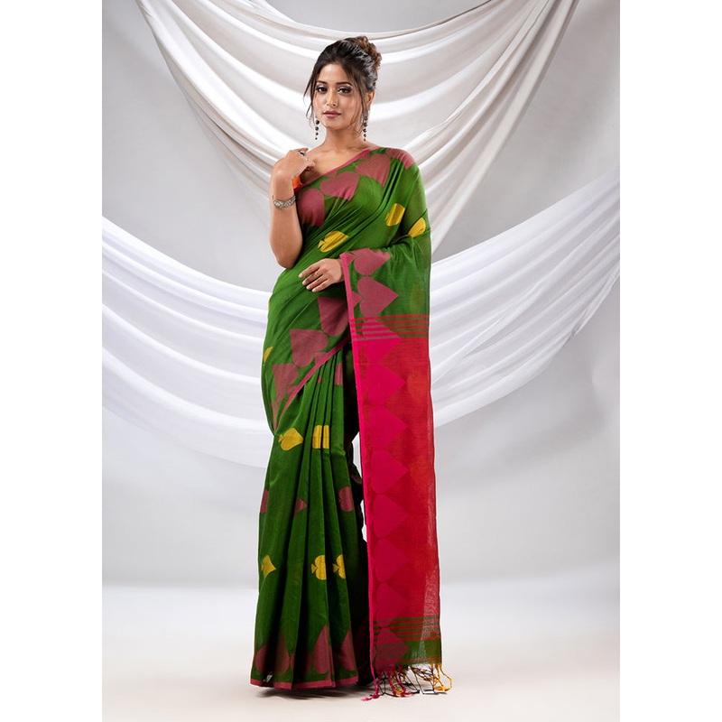 Green Cotton Saree With Blouse Piece - JD986587518
