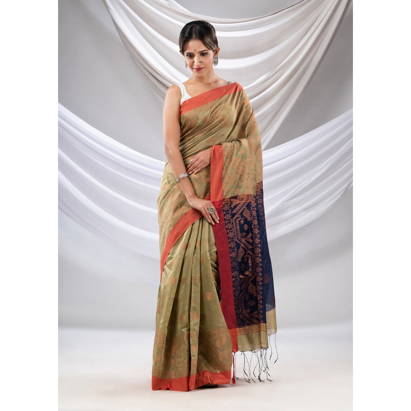 Green Cotton Saree With Blouse Piece - JD986587519