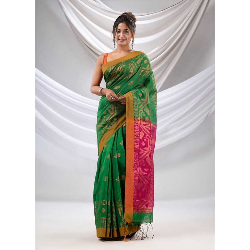 Green Cotton Saree With Blouse Piece - JD986587520