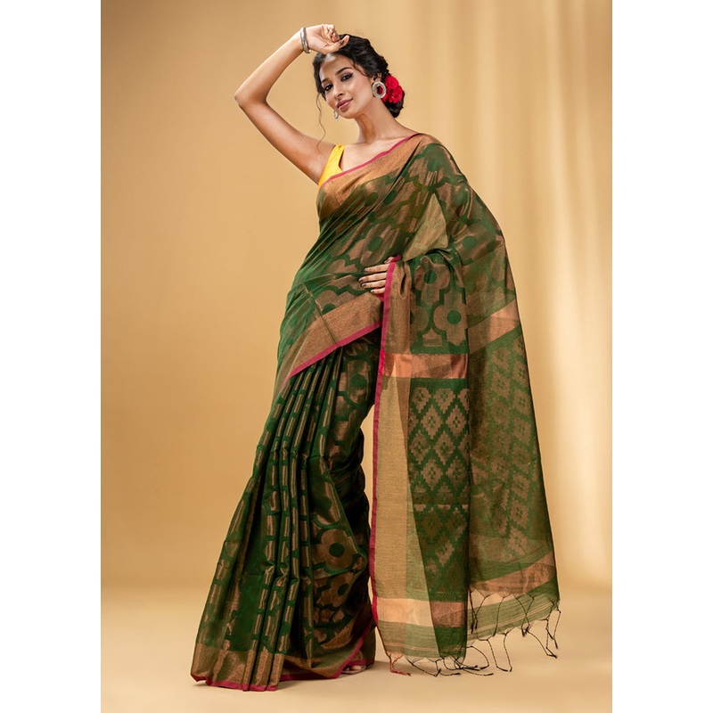 Green Cotton Saree With Blouse Piece - JD986587521