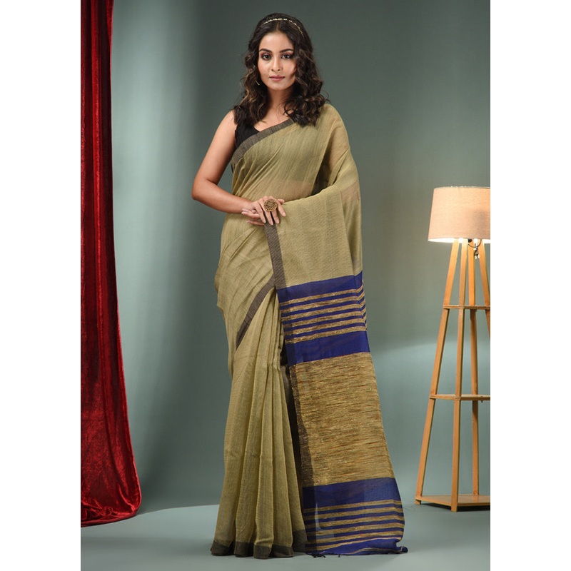 Green Cotton Saree With Blouse Piece - JD986587522