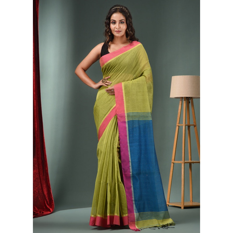 Green Cotton Saree With Blouse Piece - JD986587523