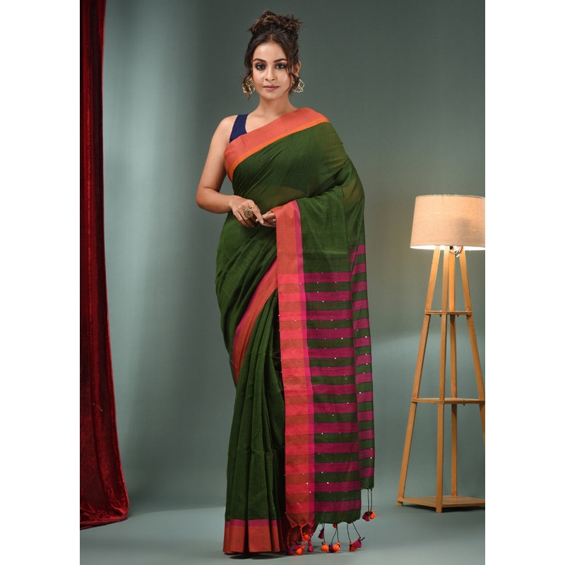 Green Cotton Saree With Blouse Piece - JD986587524