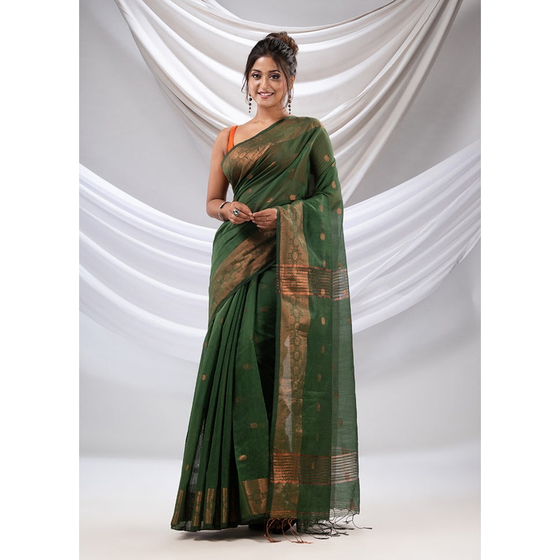 Green Cotton Saree With Blouse Piece - JD986587525