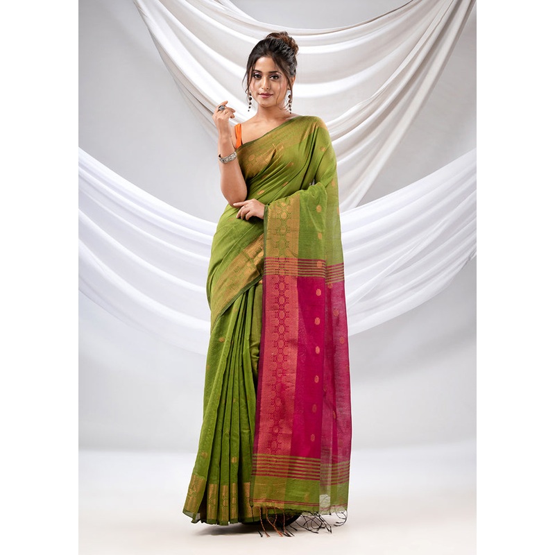 Green Cotton Saree With Blouse Piece - JD986587526