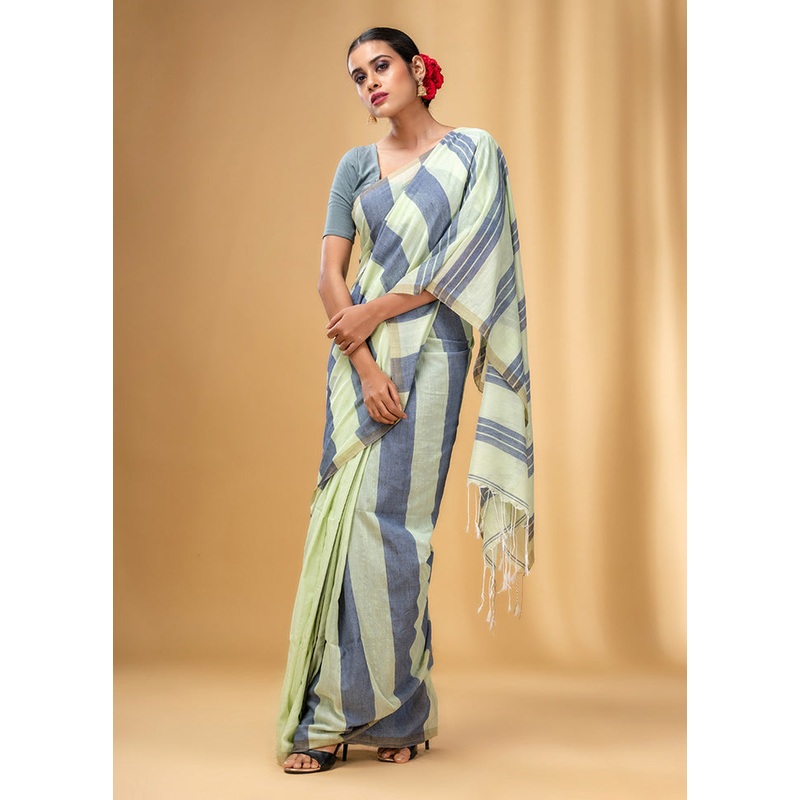Green Cotton Saree With Blouse Piece - JD986587527