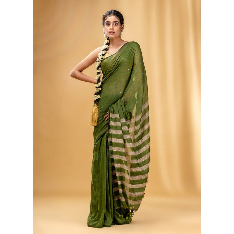 Green Cotton Saree With Blouse Piece - JD986587528
