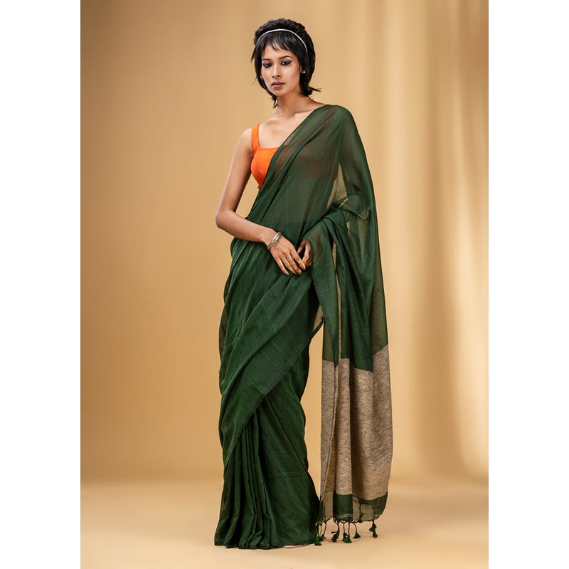 Green Cotton Saree With Blouse Piece - JD986587529