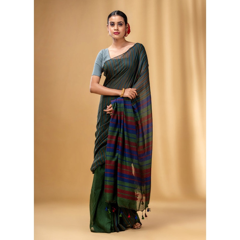 Green Cotton Saree With Blouse Piece - JD986587531