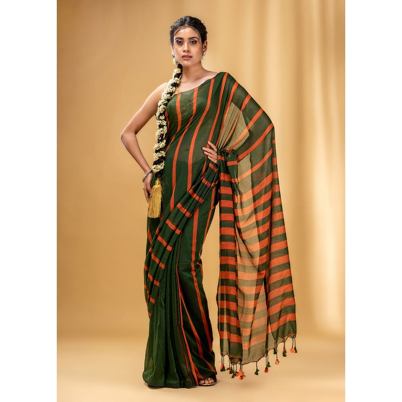 Green Cotton Saree With Blouse Piece - JD986587532
