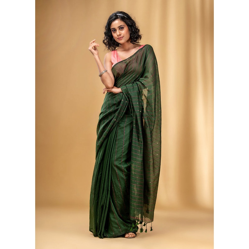Green Cotton Saree With Blouse Piece - JD986587533