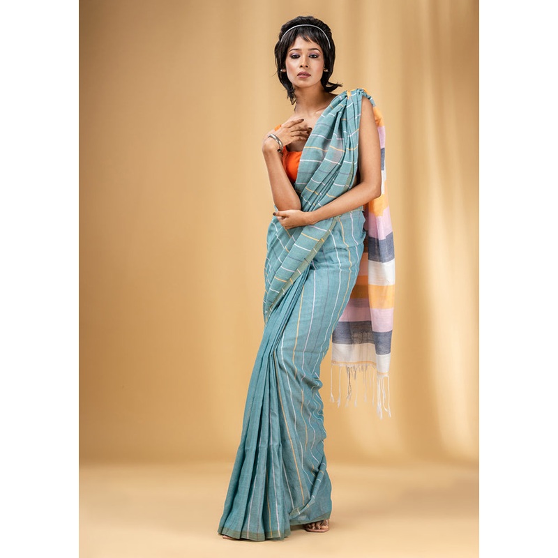 Green Cotton Saree With Blouse Piece - JD986587534