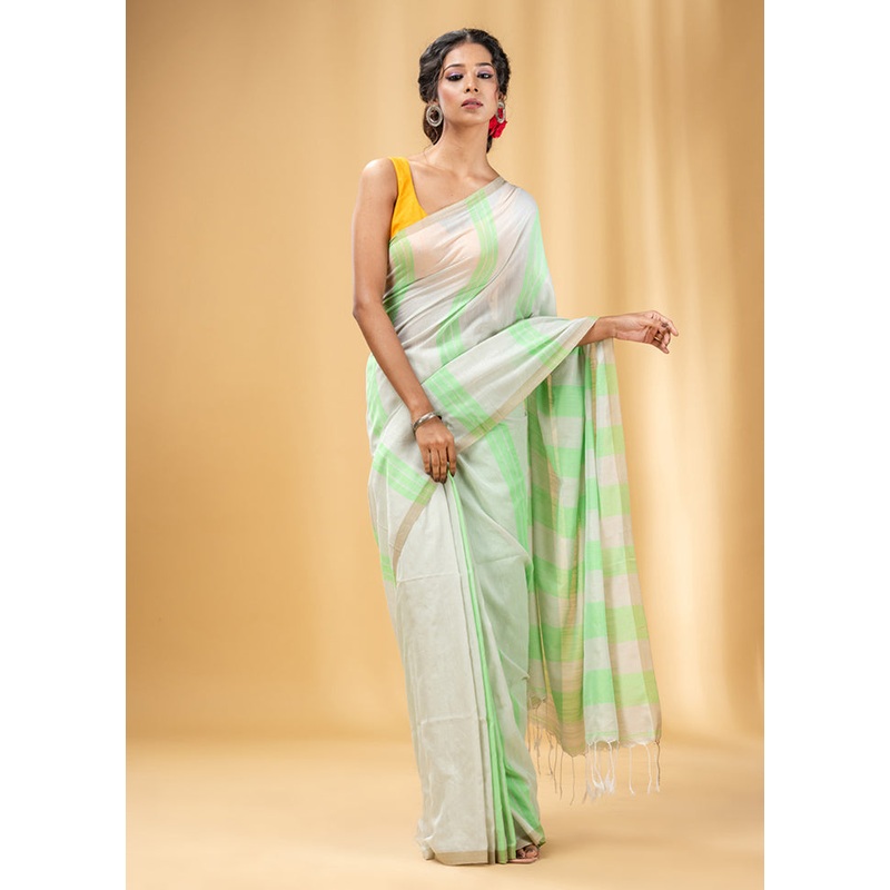 Green Cotton Saree With Blouse Piece - JD986587535