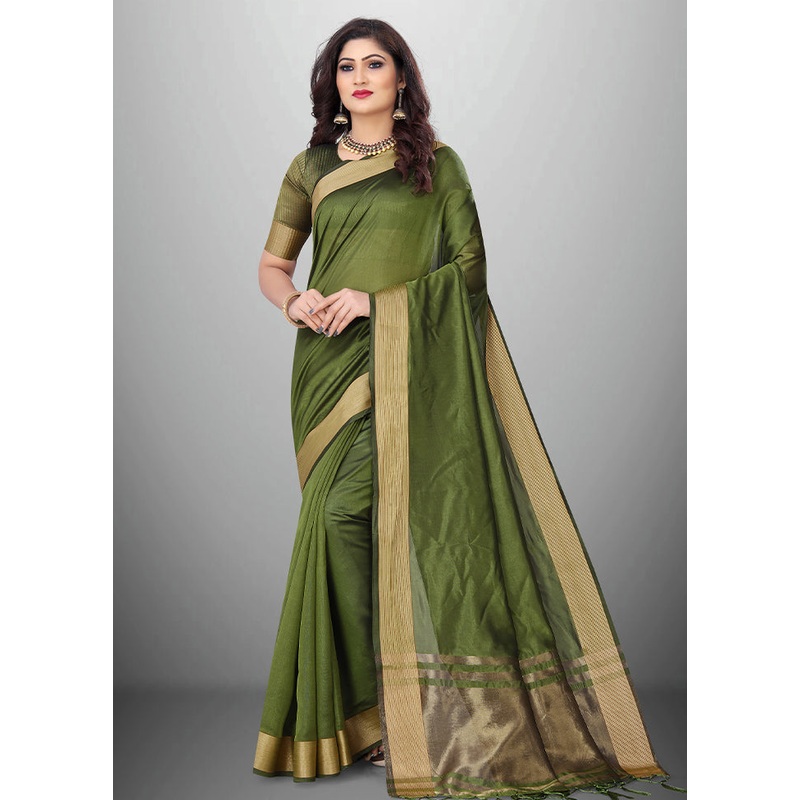 Green Cotton Saree With Blouse Piece - JD986587536
