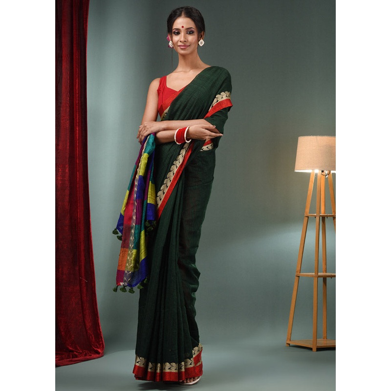 Green Dupion Pure Silk Saree With Blouse Piece - JD986587504