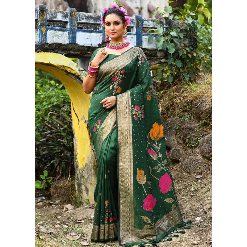 Green Dupion Silk Saree With Blouse Piece - JD986587472