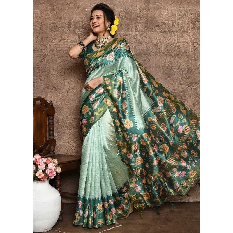Green Dupion Silk Saree With Blouse Piece - JD986587473