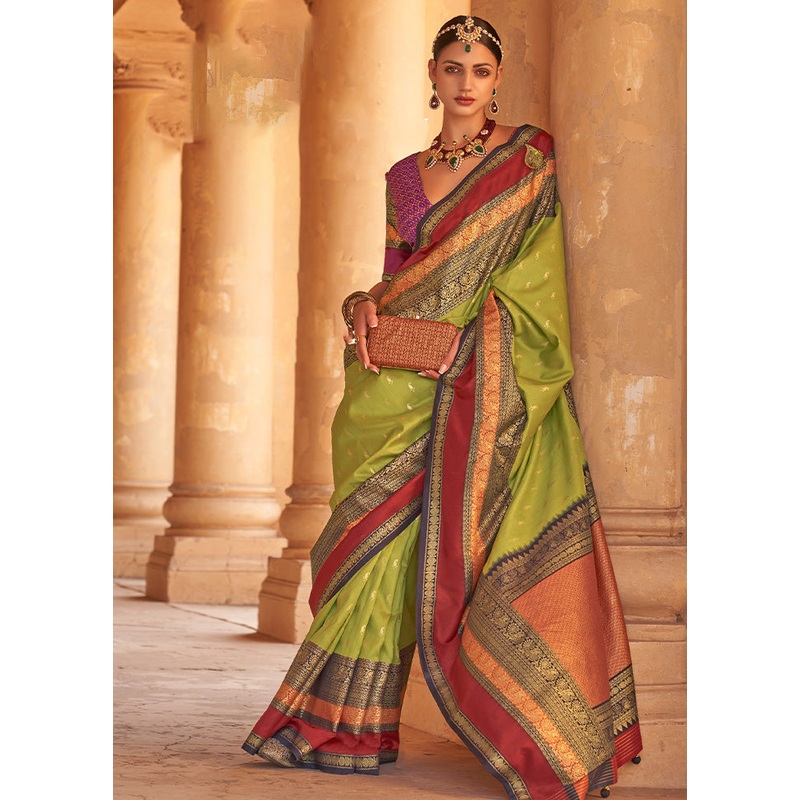 GREEN Dupion Silk Saree With Blouse Piece - JD986587474