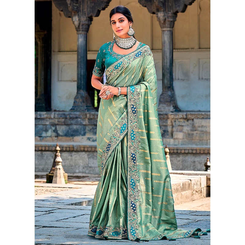 Green Dupion Silk Saree With Blouse Piece - JD986587476