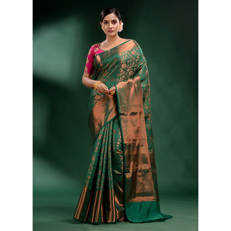 Green Dupion Silk Saree With Blouse Piece - JD986587478