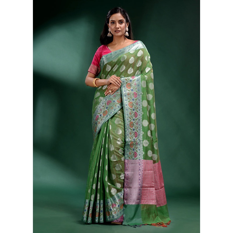 Green Dupion Silk Saree With Blouse Piece - JD986587481