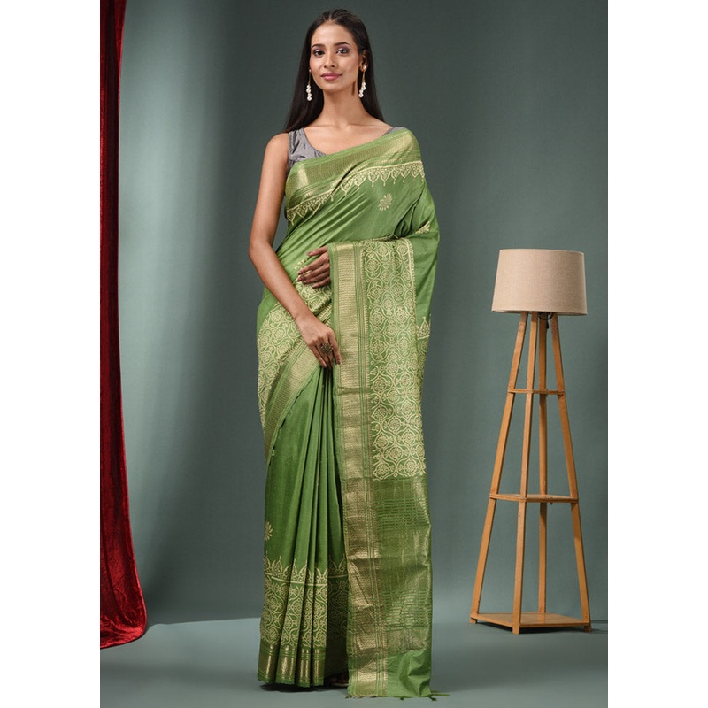 Green Dupion Silk Saree With Blouse Piece - JD986587487