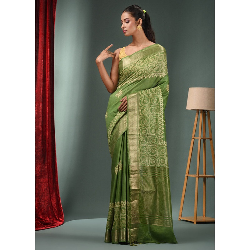Green Dupion Silk Saree With Blouse Piece - JD986587488