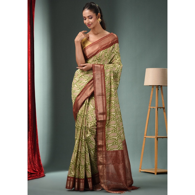 Green Dupion Silk Saree With Blouse Piece - JD986587489