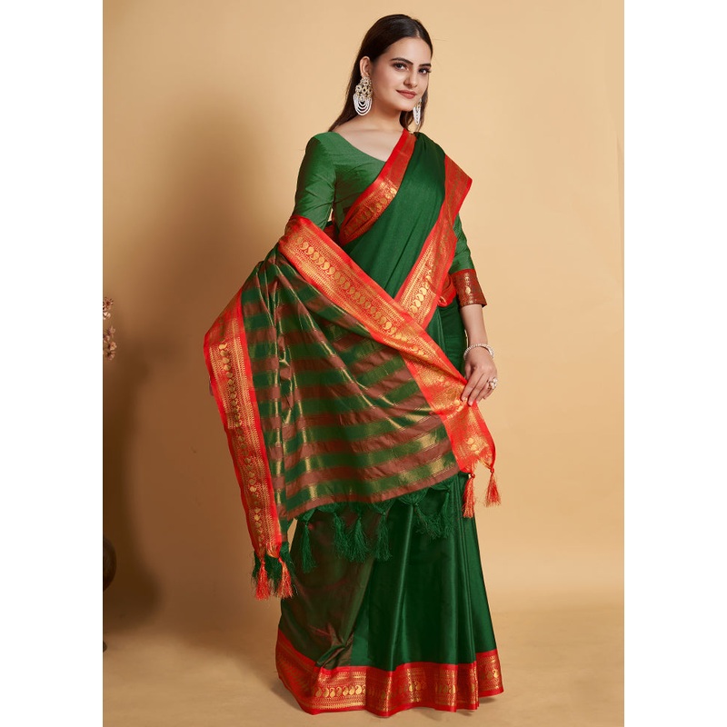 Green Dupion Silk Saree With Blouse Piece - JD986587492