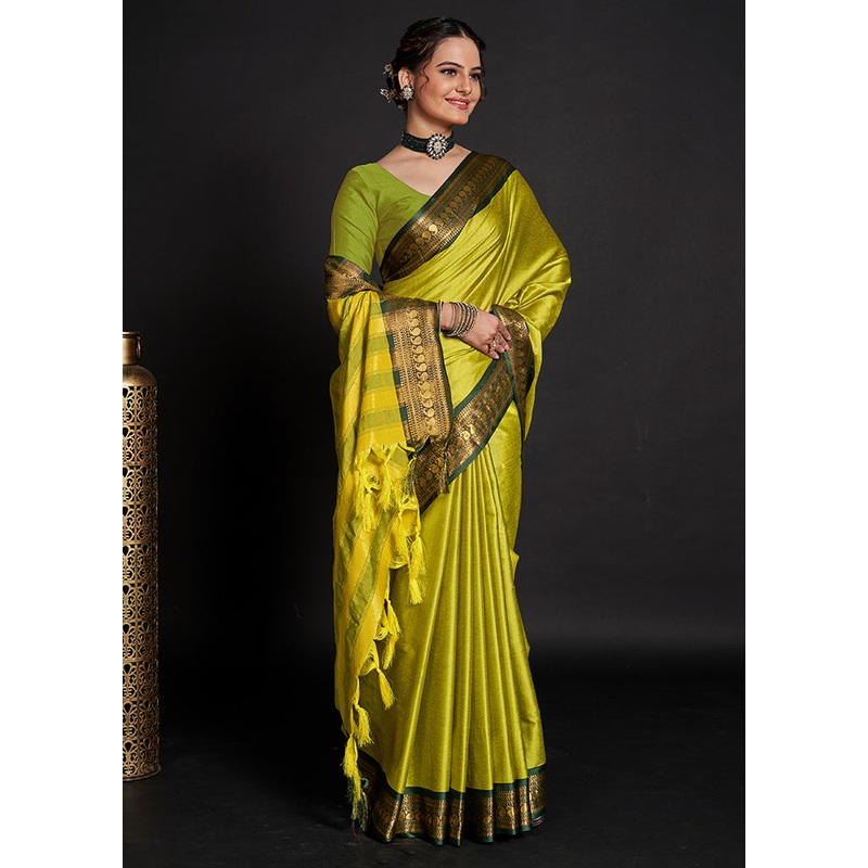 Green Dupion Silk Saree With Blouse Piece - JD986587493