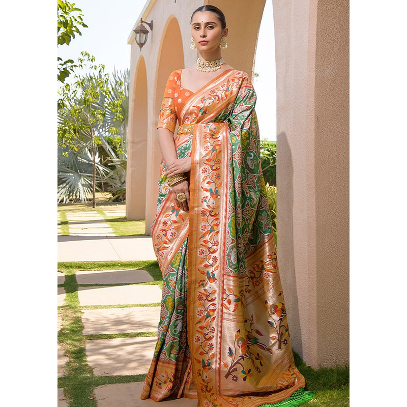 Green Dupion Silk Saree With Blouse Piece - JD986587497