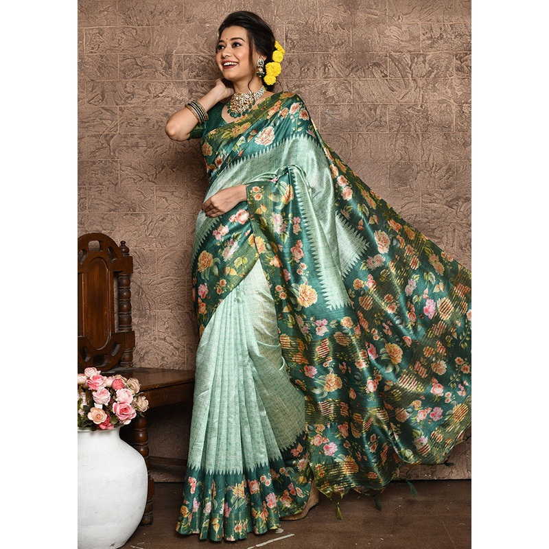 Green Dupion Silk Saree With Blouse Piece - JD986587498