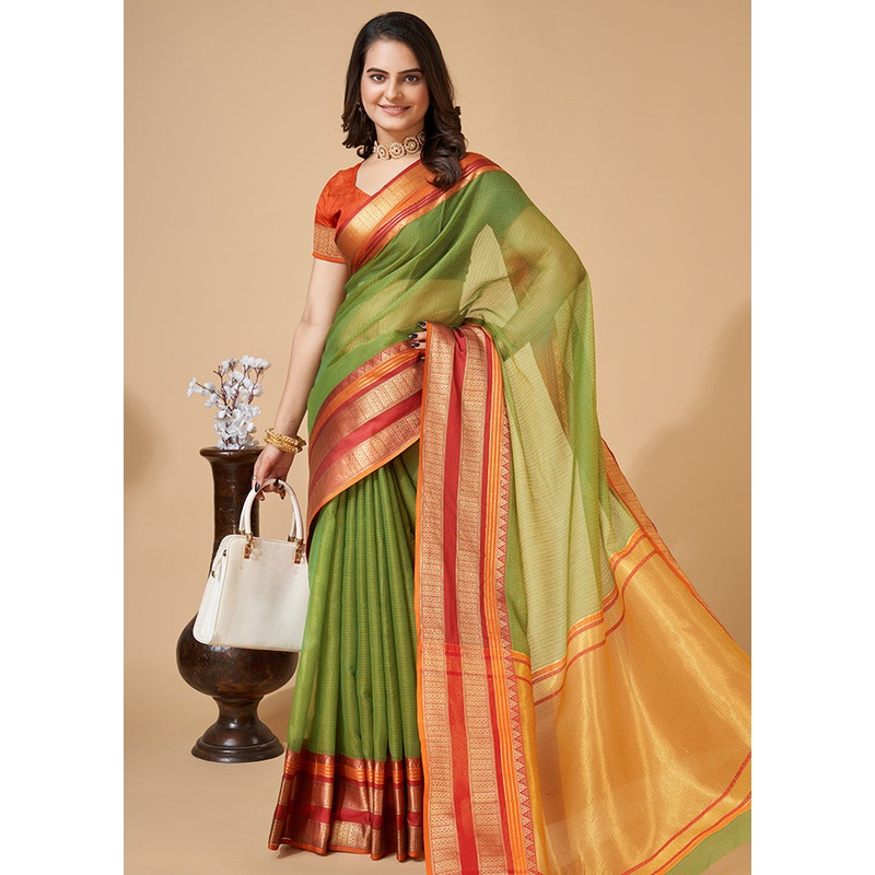 Green Dupion Silk Saree With Blouse Piece - JD986587503