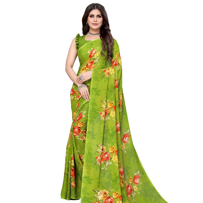 Green Georgette Saree With Blouse Piece - JD986587455