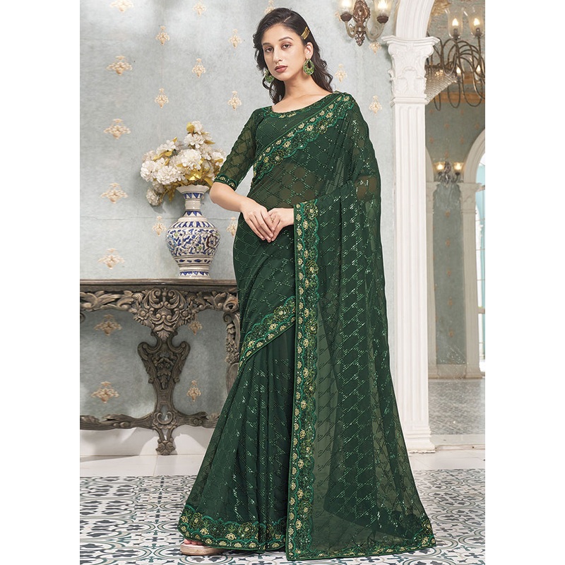 Green Georgette Saree With Blouse Piece - JD986587464