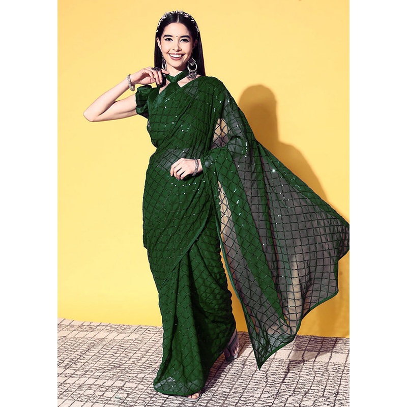 Green Georgette Saree With Blouse Piece - JD986587466