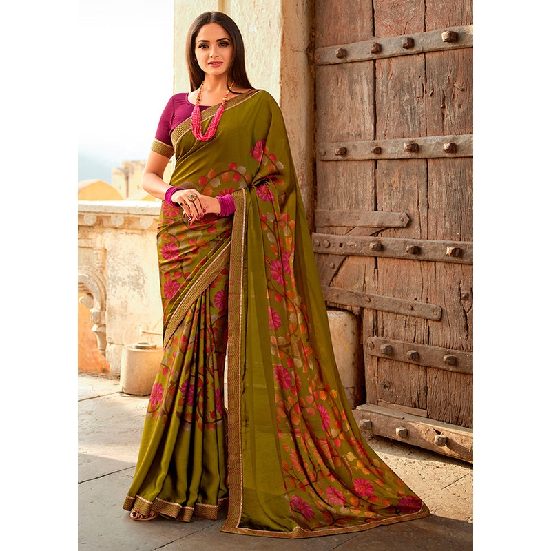 Green Georgette Saree With Blouse Piece - JD986587468