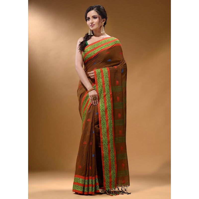 Green Pure Cotton Saree With Blouse Piece - JD986587572