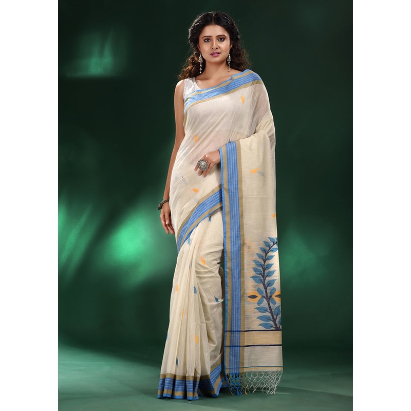 White Pure Cotton Saree With Blouse Piece - JD986587597