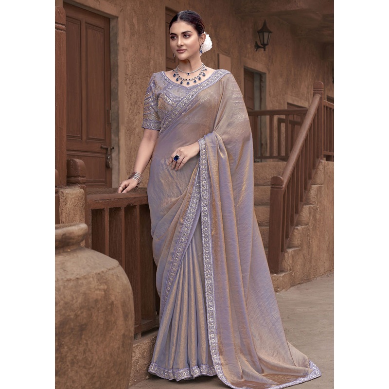 Beige Satin Silk Saree With Blouse Piece - JD986587288