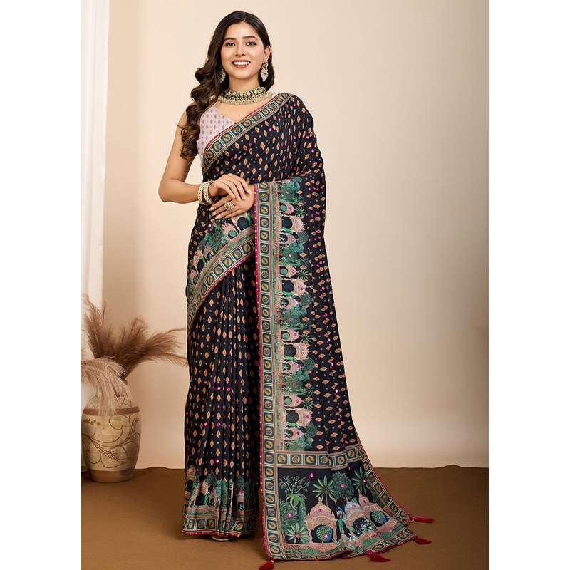 Black Cotton Saree With Blouse Piece - JD986587287