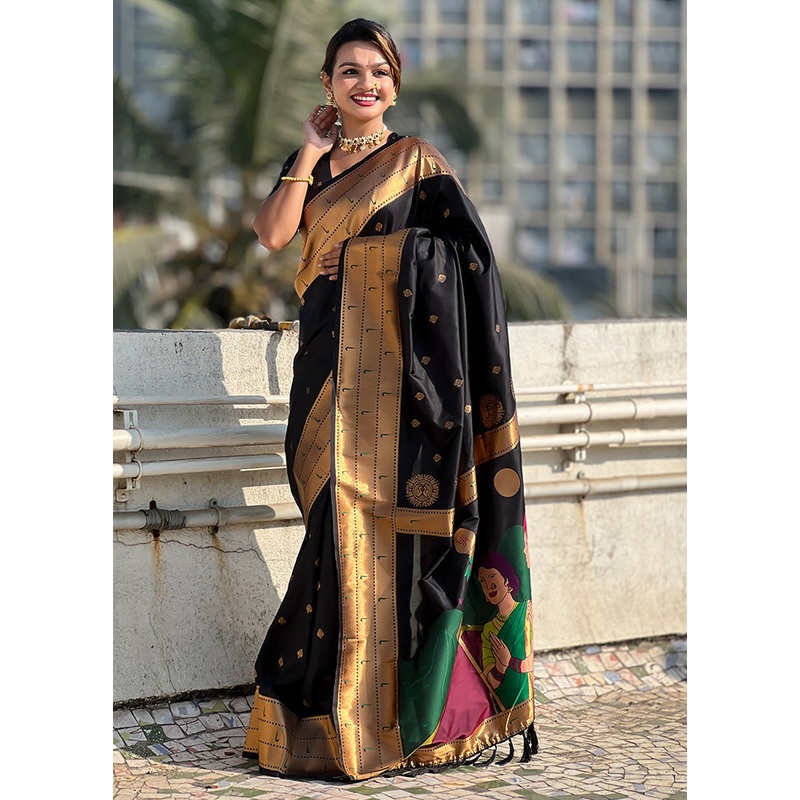 Black Spun Silk Saree With Blouse Piece - JD986587286