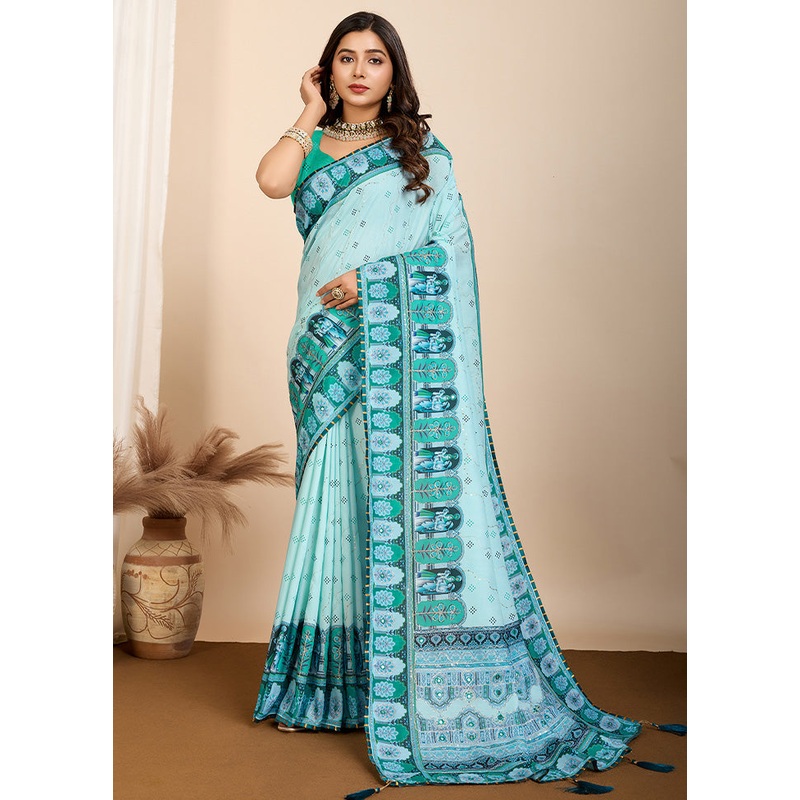 Blue Cotton Saree With Blouse Piece - JD986587285