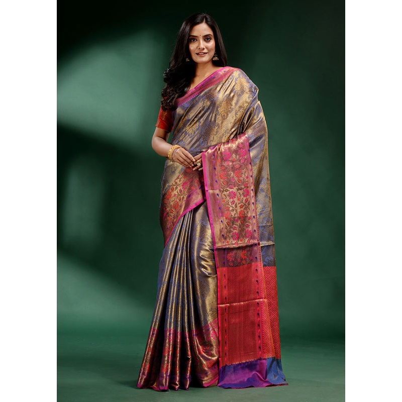 Blue Dupion Silk Saree With Blouse Piece - JD986587317