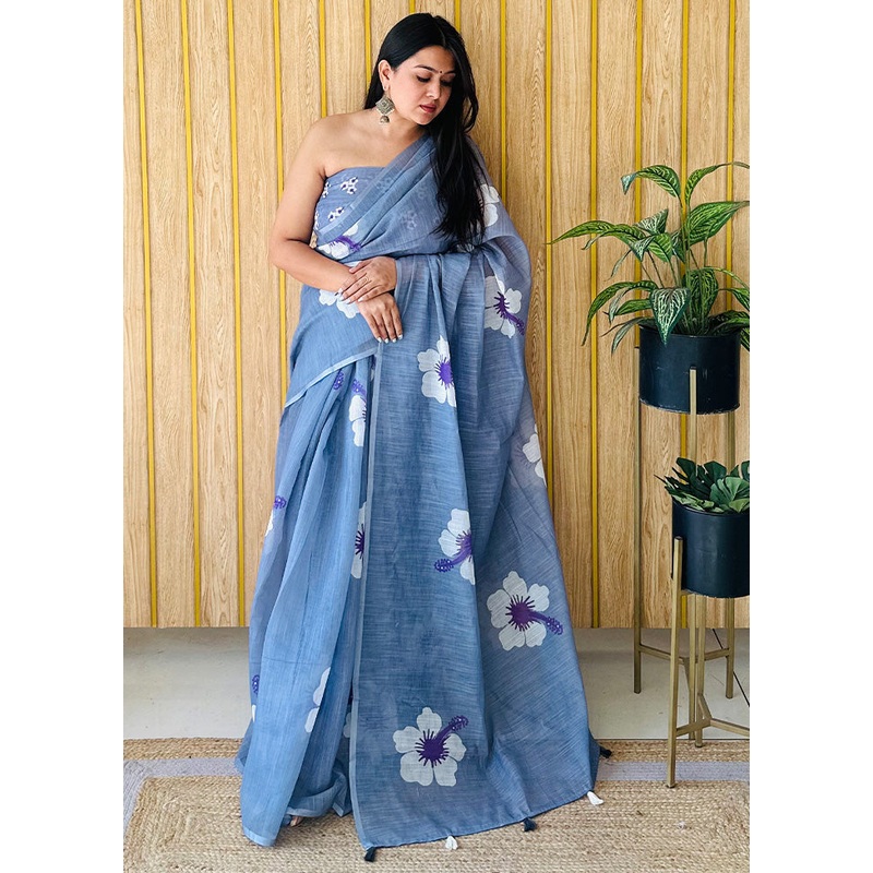 Blue Linen Silk Saree With Blouse Piece - JD986587284